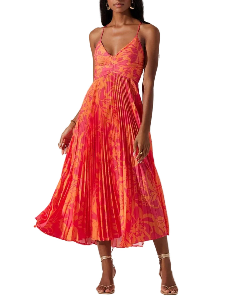Women's Tropical Print Spaghetti Strap V Neck Ruched Center Front Bodice Fully Pleated Midi Dress