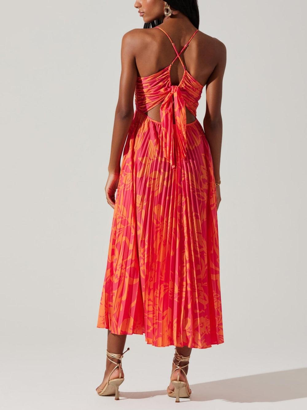 Women's Tropical Print Spaghetti Strap V Neck Ruched Center Front Bodice Fully Pleated Midi Dress