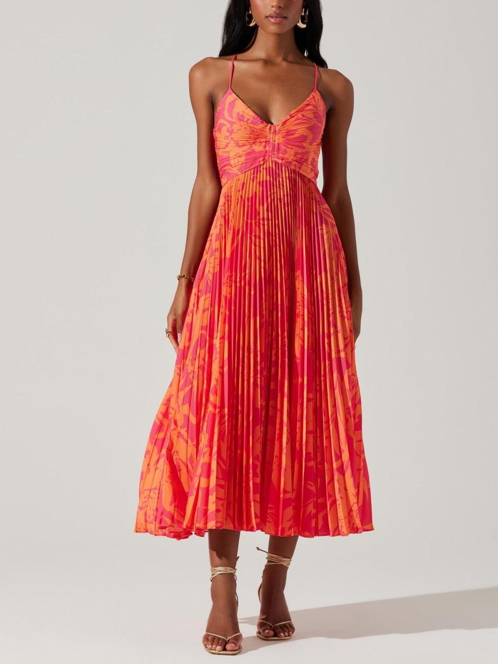 Women's Tropical Print Spaghetti Strap V Neck Ruched Center Front Bodice Fully Pleated Midi Dress