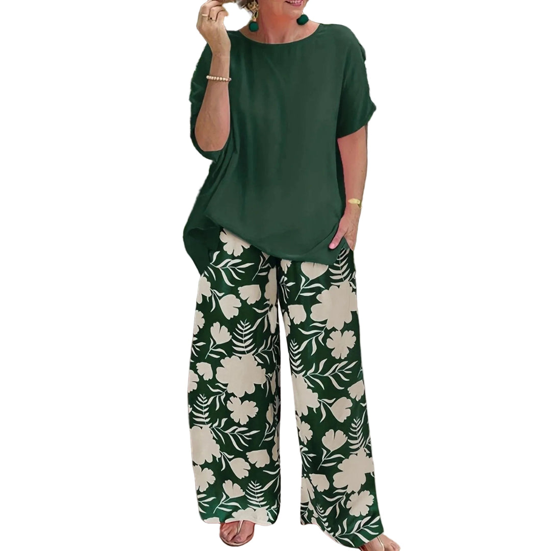 Women's Two-Piece Set with Relaxed Crew Neck Short Sleeve Top and Tropical Floral Print Wide-Leg Palazzo Pants