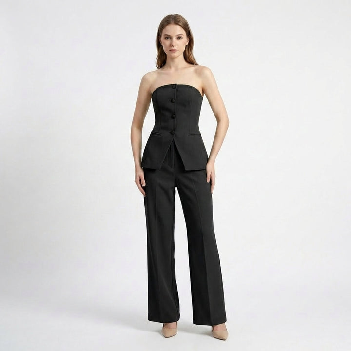 Women's Two Piece Set with Structured Strapless Button Front Top and High Waist Wide Leg Pants