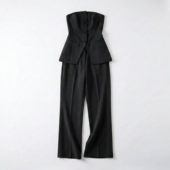 Women's Two Piece Set with Structured Strapless Button Front Top and High Waist Wide Leg Pants