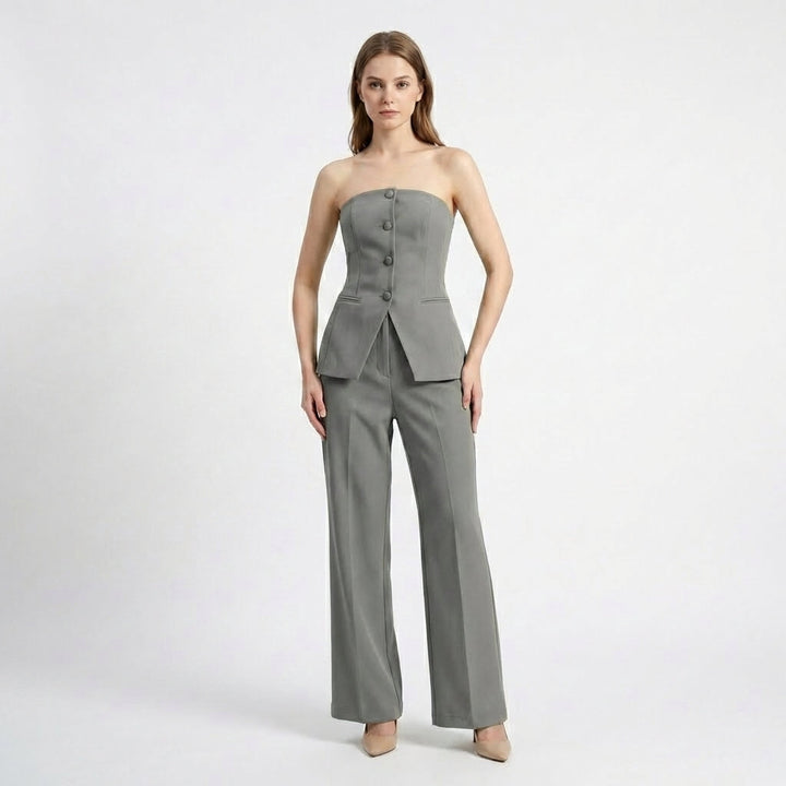 Women's Two Piece Set with Structured Strapless Button Front Top and High Waist Wide Leg Pants