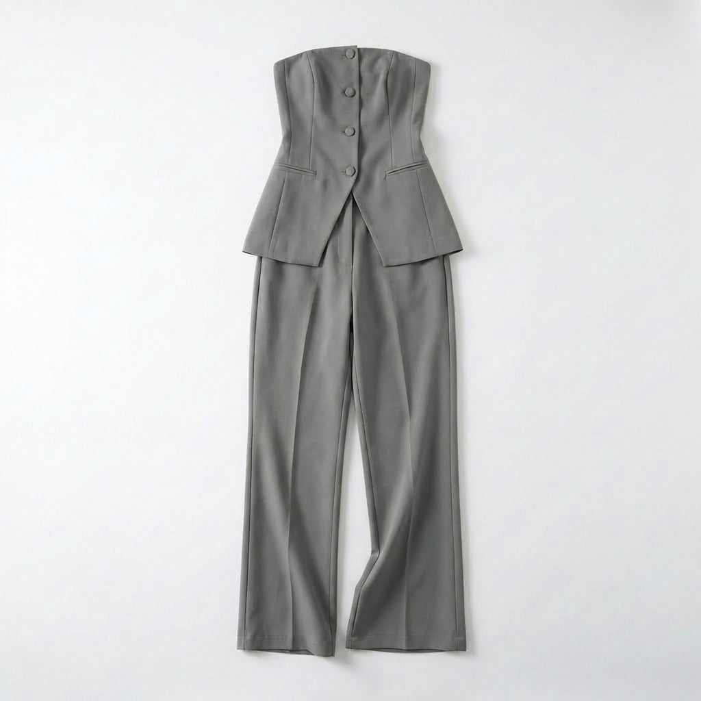 Women's Two Piece Set with Structured Strapless Button Front Top and High Waist Wide Leg Pants