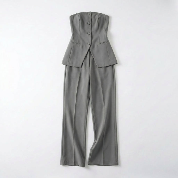 Women's Two Piece Set with Structured Strapless Button Front Top and High Waist Wide Leg Pants