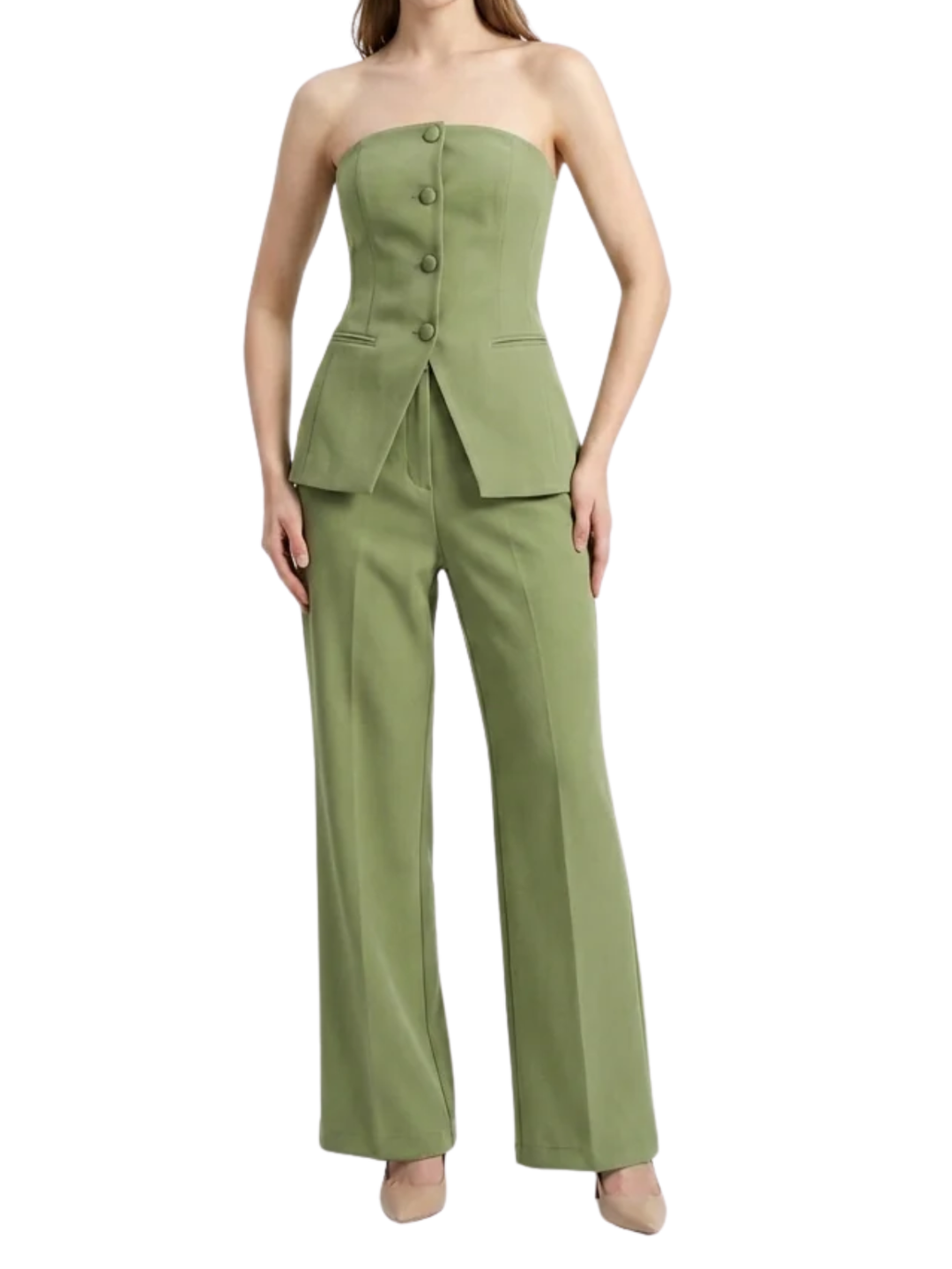 Women's Two Piece Set with Structured Strapless Button Front Top and High Waist Wide Leg Pants