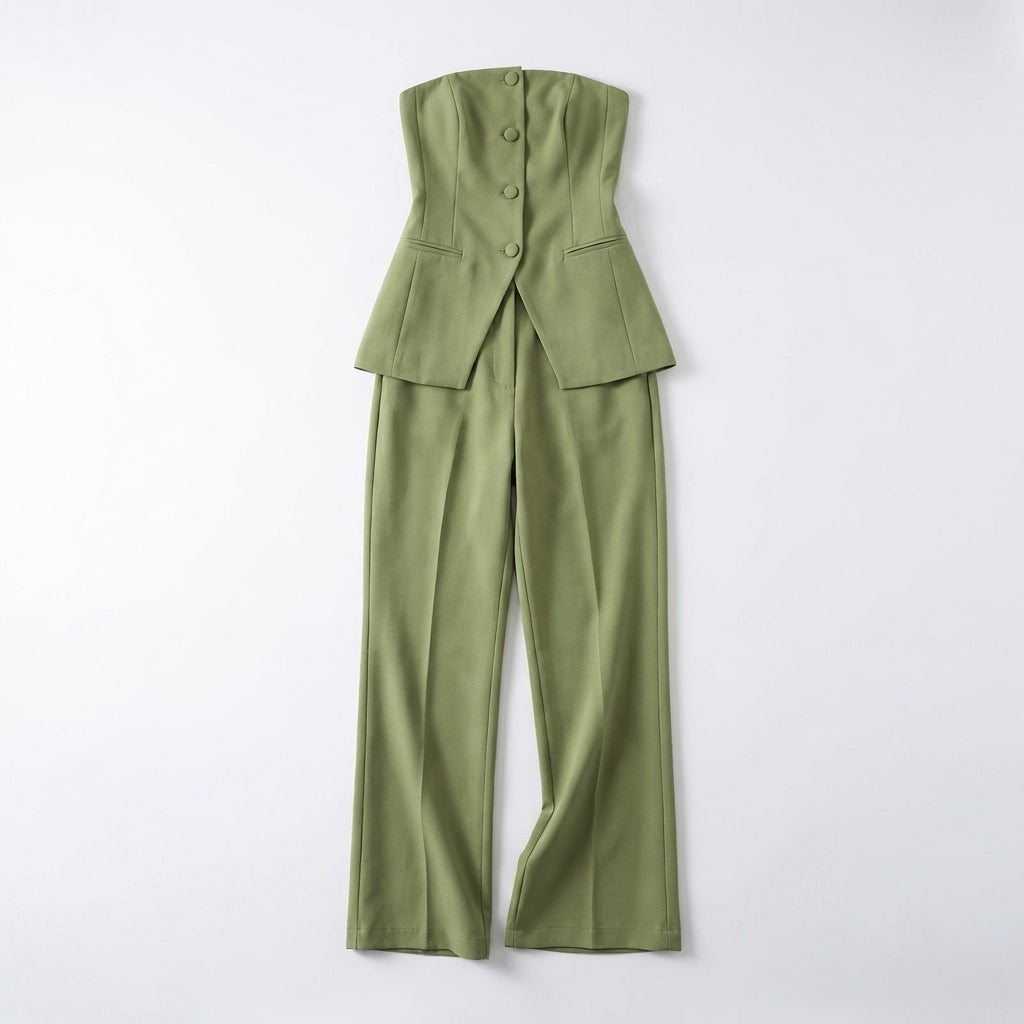 Women's Two Piece Set with Structured Strapless Button Front Top and High Waist Wide Leg Pants