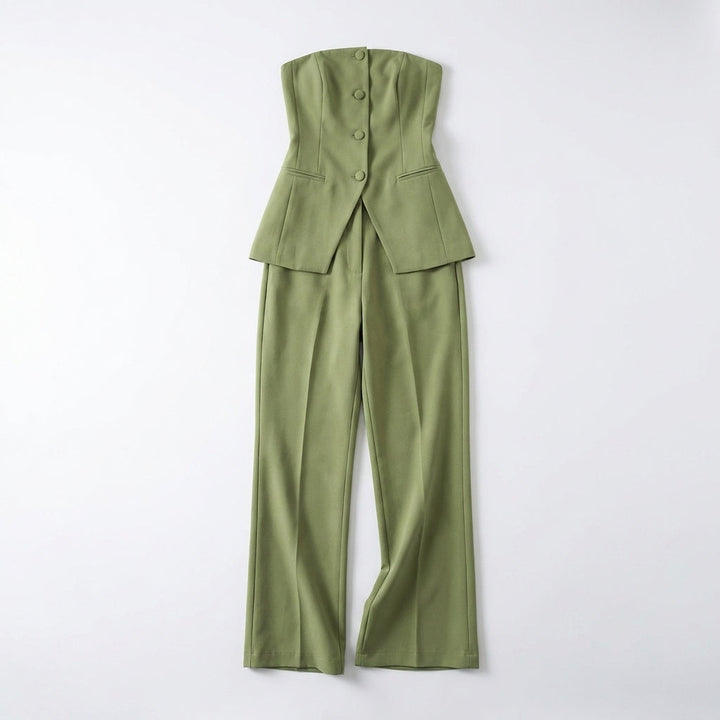 Women's Two Piece Set with Structured Strapless Button Front Top and High Waist Wide Leg Pants