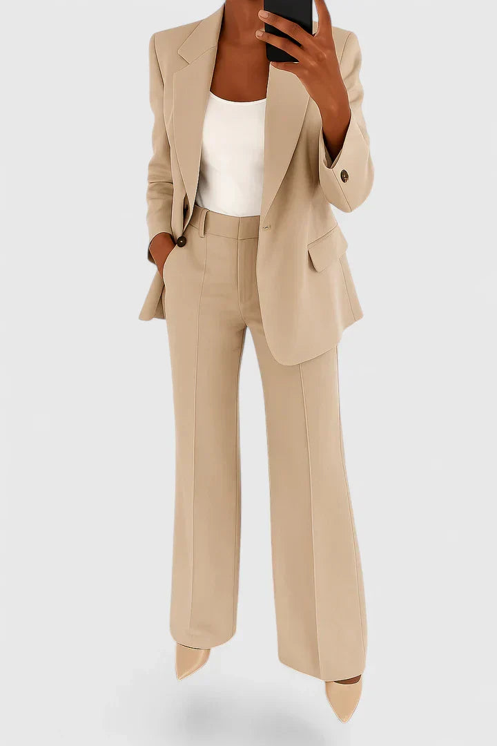 Women's Two Piece Tailored Suit Set with Peak Lapel Single Button Blazer and High Waist Straight Leg Pants