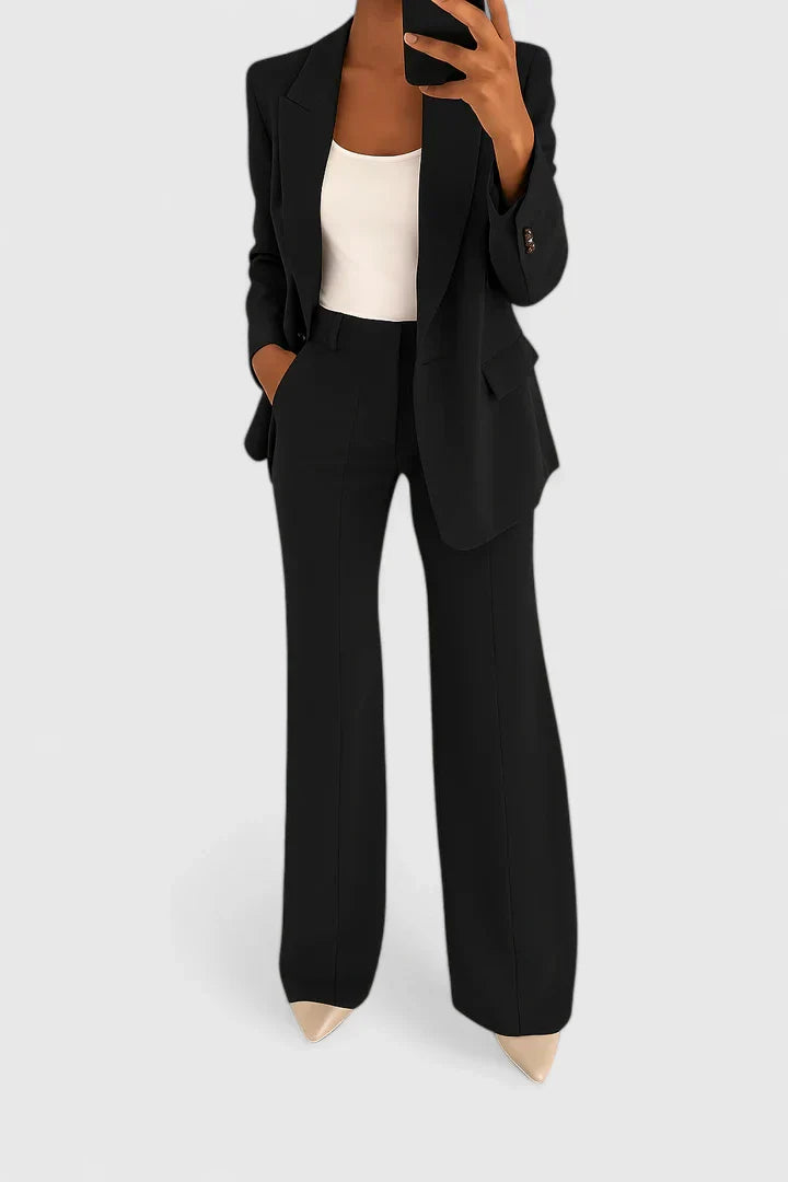 Women's Two Piece Tailored Suit Set with Peak Lapel Single Button Blazer and High Waist Straight Leg Pants