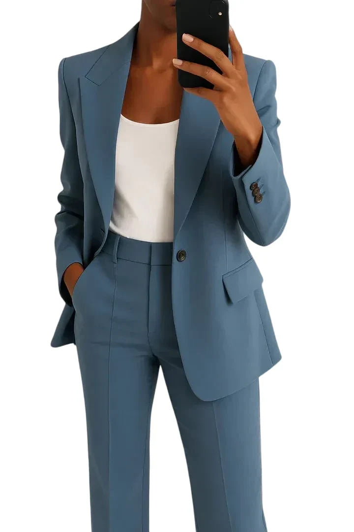 Women's Two Piece Tailored Suit Set with Peak Lapel Single Button Blazer and High Waist Straight Leg Pants
