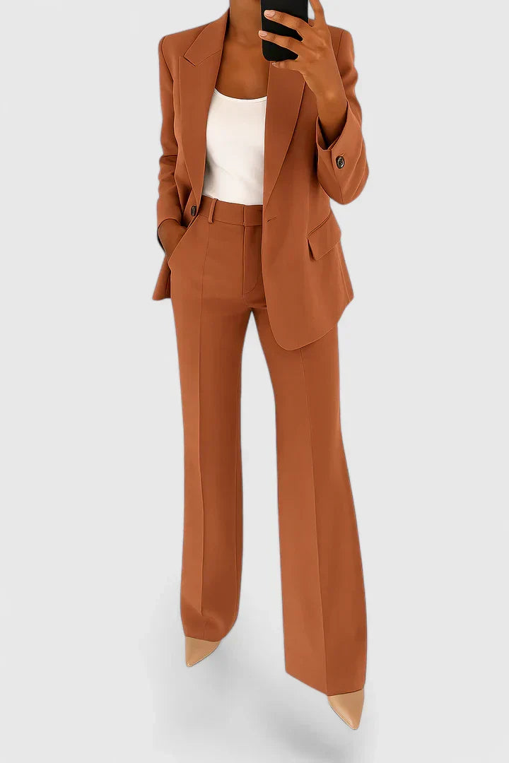 Women's Two Piece Tailored Suit Set with Peak Lapel Single Button Blazer and High Waist Straight Leg Pants