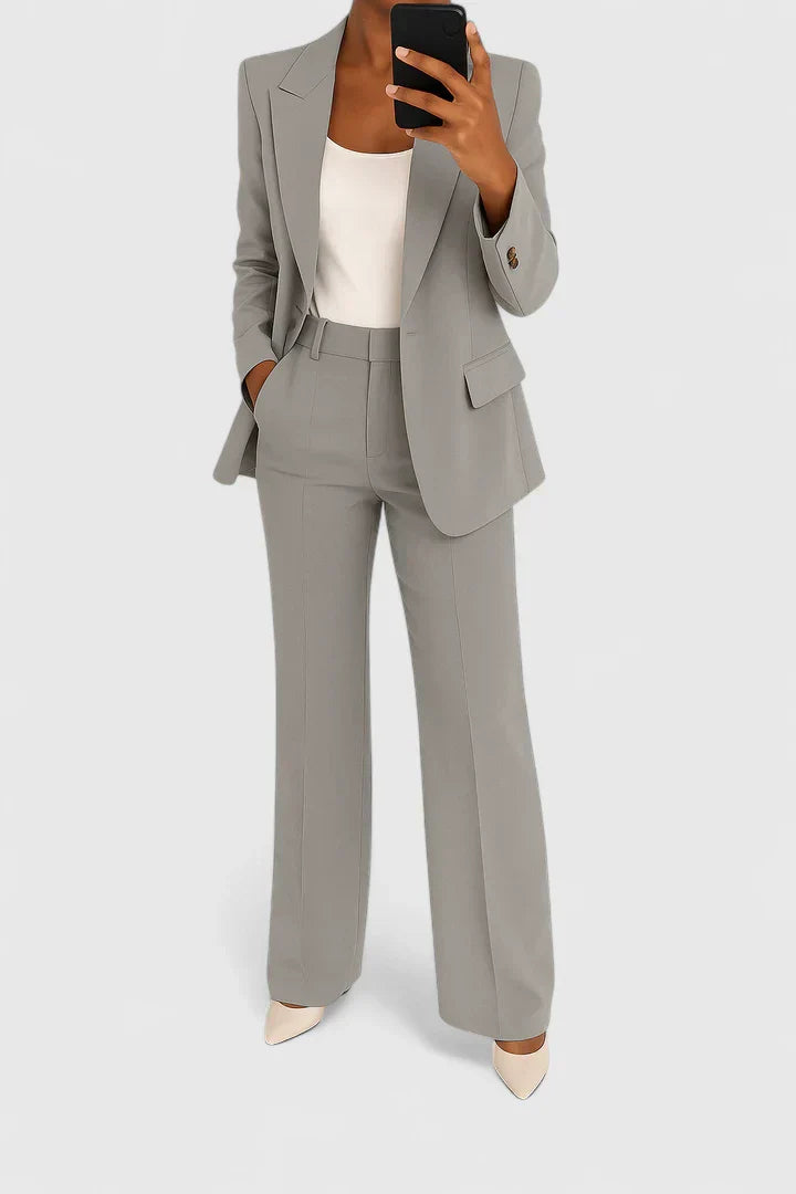 Women's Two Piece Tailored Suit Set with Peak Lapel Single Button Blazer and High Waist Straight Leg Pants