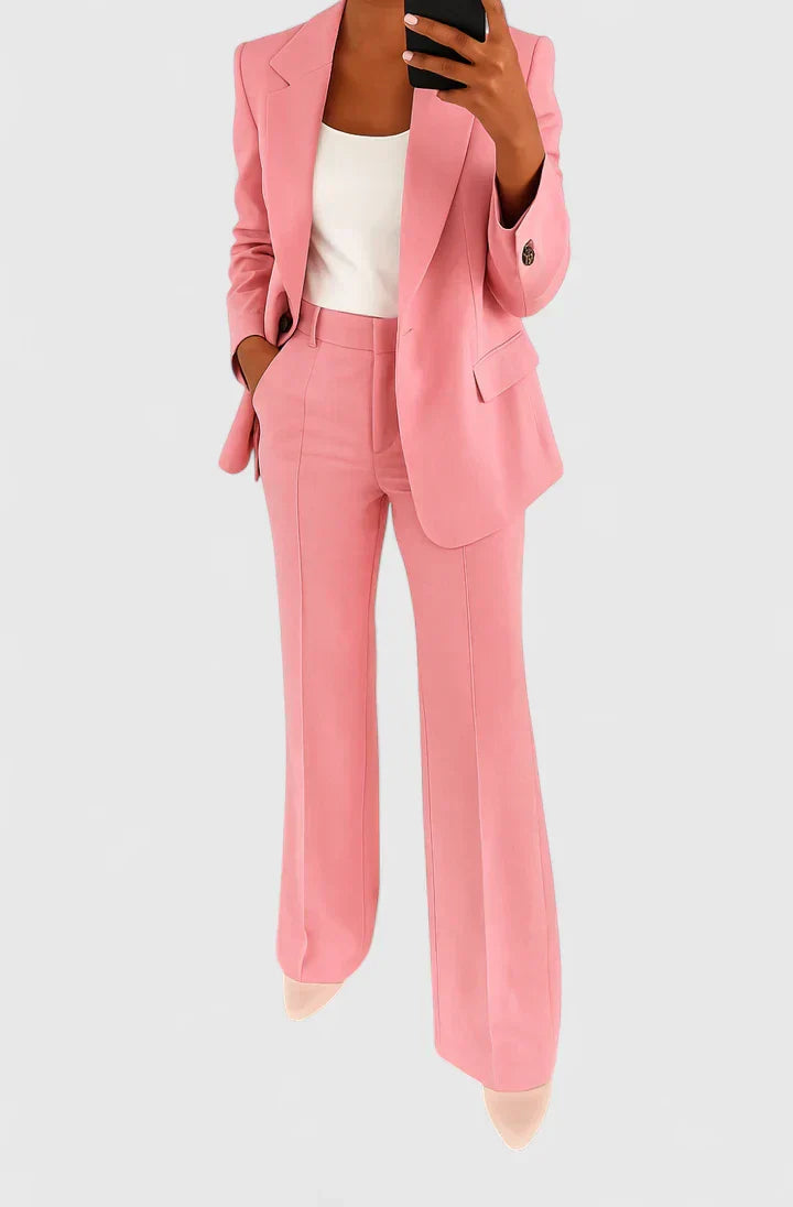 Women's Two Piece Tailored Suit Set with Peak Lapel Single Button Blazer and High Waist Straight Leg Pants