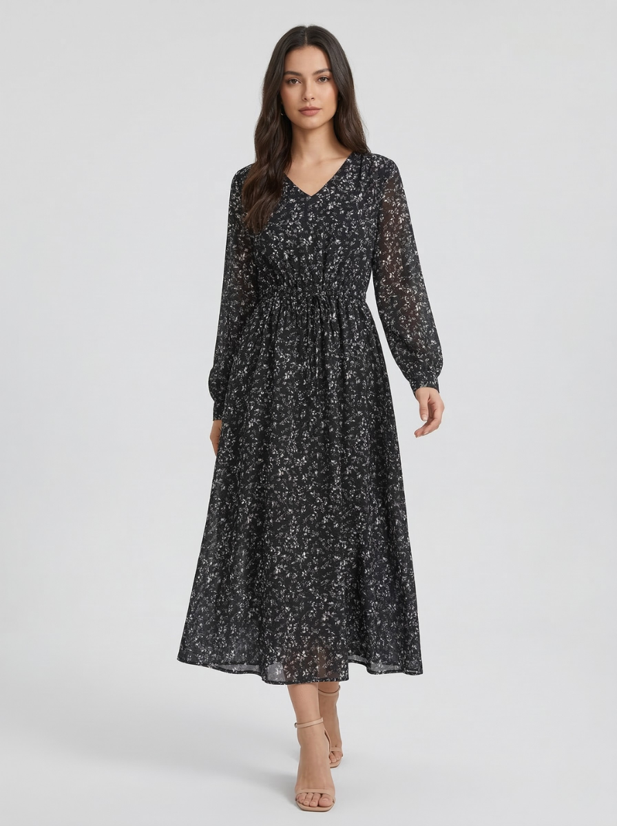 Women's V-Neck Long Sleeve Smocked Waist Ditsy Floral Chiffon Midi Dress