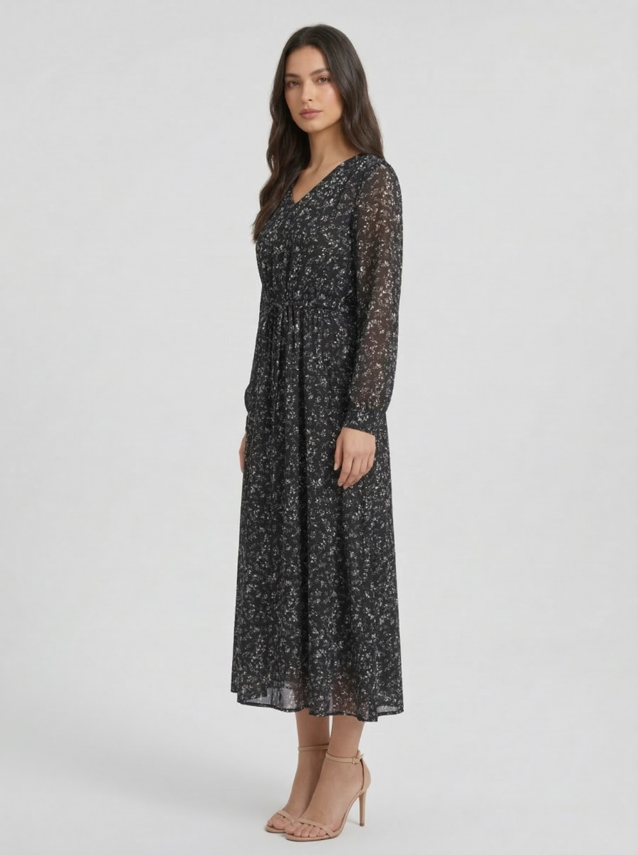 Women's V-Neck Long Sleeve Smocked Waist Ditsy Floral Chiffon Midi Dress