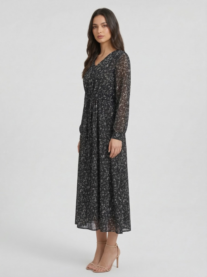 Women's V-Neck Long Sleeve Smocked Waist Ditsy Floral Chiffon Midi Dress