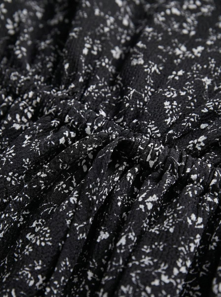 Women's V-Neck Long Sleeve Smocked Waist Ditsy Floral Chiffon Midi Dress