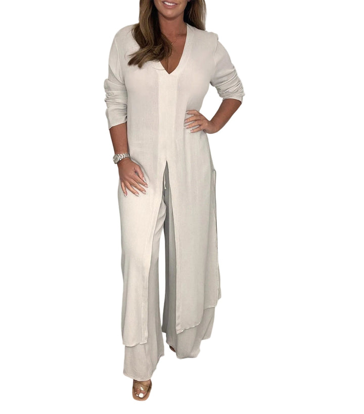 Women's V Neck Open Front Longline Duster Long Sleeve Wide Leg Elastic Waist Pants Two Piece Matching Set for Women