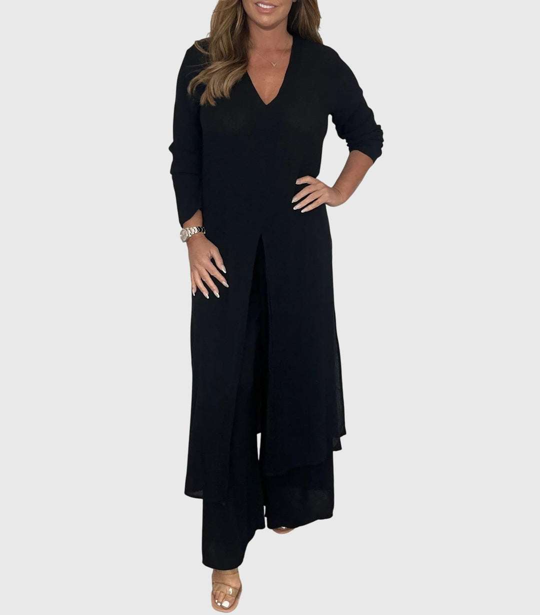 Women's V Neck Open Front Longline Duster Long Sleeve Wide Leg Elastic Waist Pants Two Piece Matching Set for Women