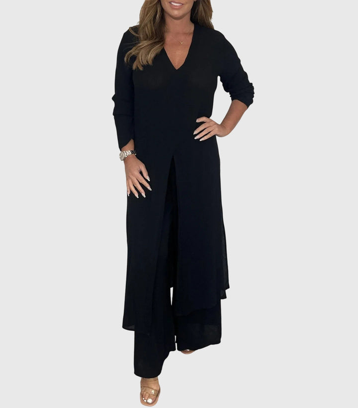 Women's V Neck Open Front Longline Duster Long Sleeve Wide Leg Elastic Waist Pants Two Piece Matching Set for Women