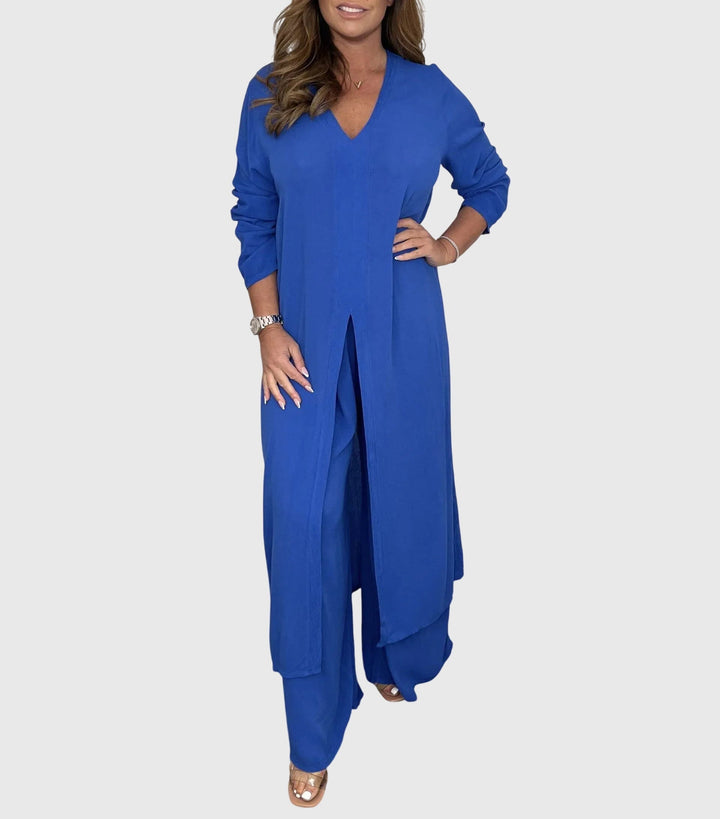 Women's V Neck Open Front Longline Duster Long Sleeve Wide Leg Elastic Waist Pants Two Piece Matching Set for Women