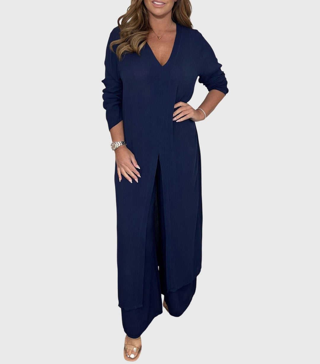 Women's V Neck Open Front Longline Duster Long Sleeve Wide Leg Elastic Waist Pants Two Piece Matching Set for Women