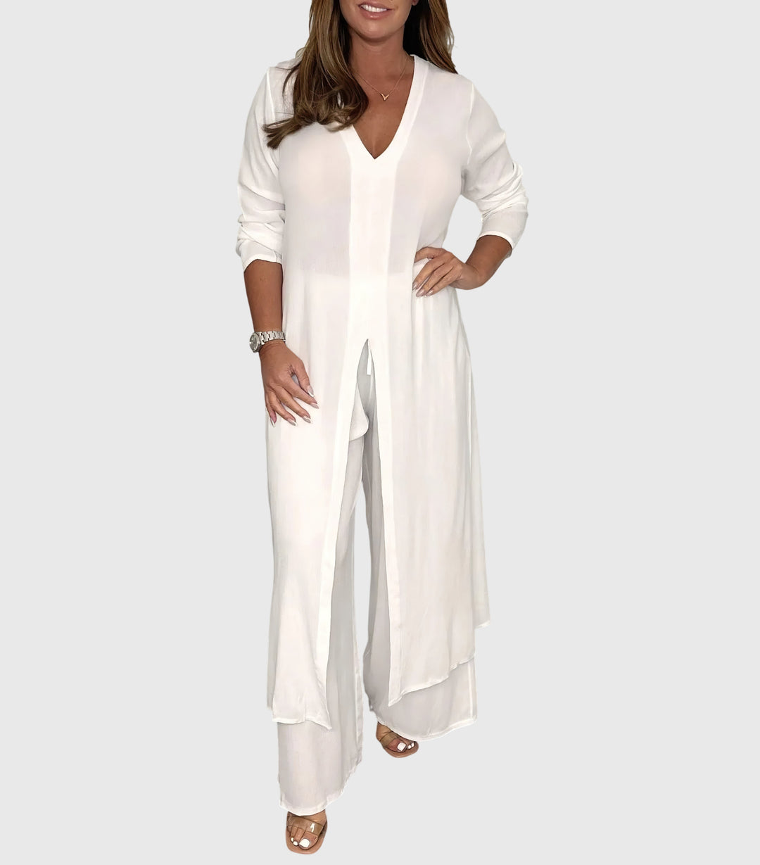 Women's V Neck Open Front Longline Duster Long Sleeve Wide Leg Elastic Waist Pants Two Piece Matching Set for Women