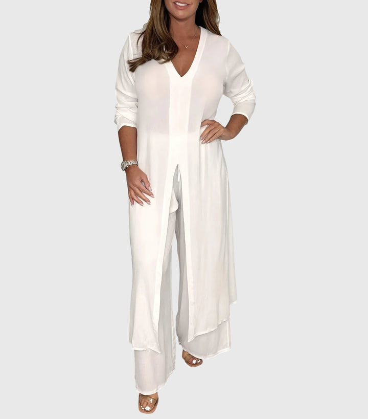 Women's V Neck Open Front Longline Duster Long Sleeve Wide Leg Elastic Waist Pants Two Piece Matching Set for Women