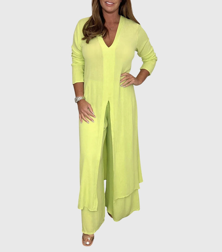 Women's V Neck Open Front Longline Duster Long Sleeve Wide Leg Elastic Waist Pants Two Piece Matching Set for Women