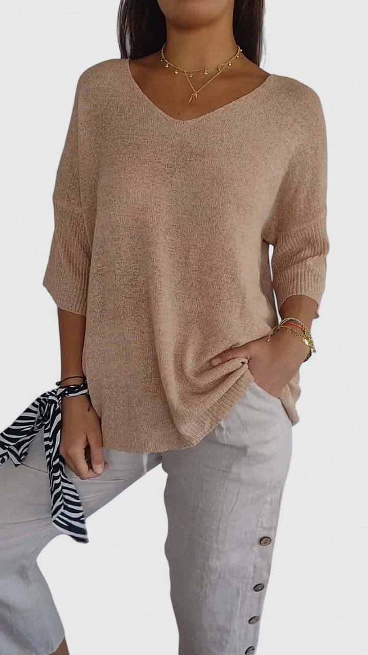 Women's V Neck Three Quarter Dolman Batwing Sleeve Ribbed Cuff Oversized Relaxed Fit Curved Hem Top Solid Plain