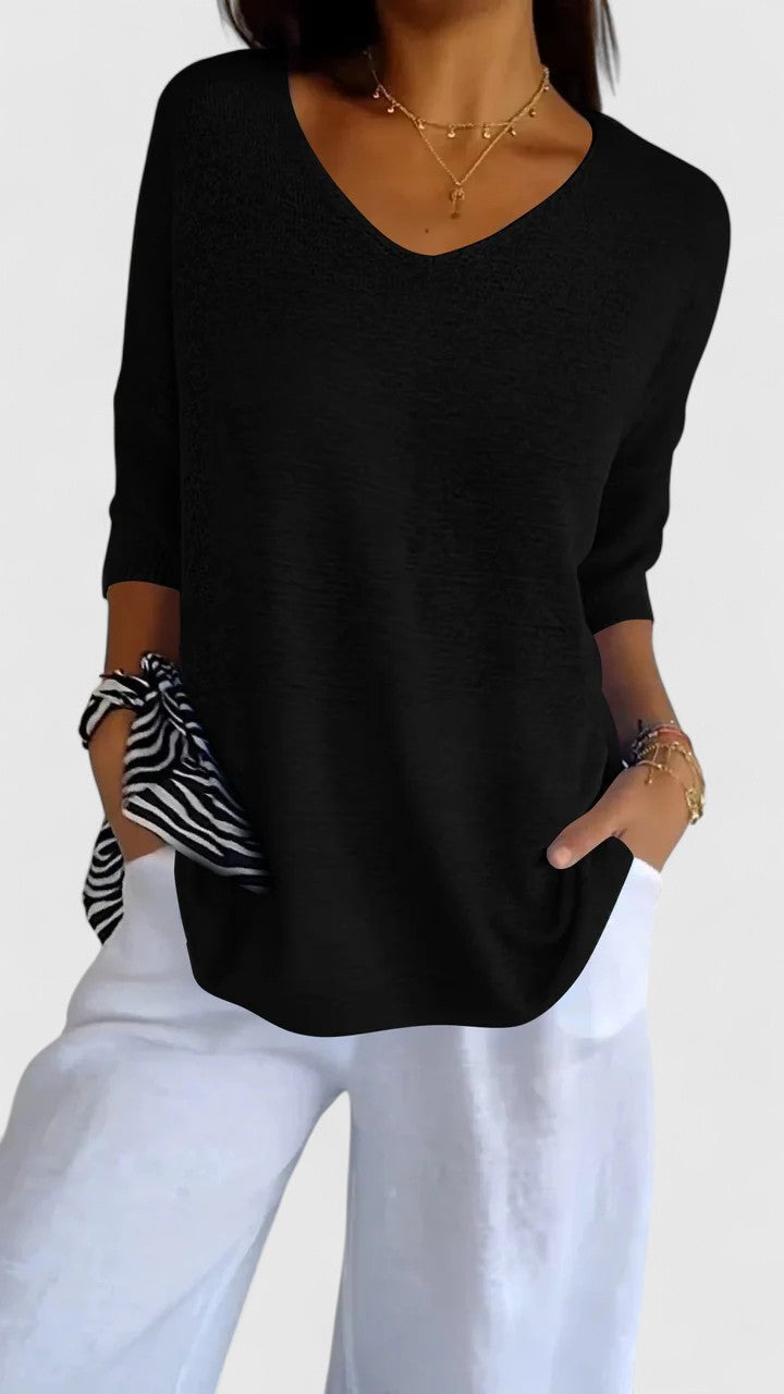 Women's V Neck Three Quarter Dolman Batwing Sleeve Ribbed Cuff Oversized Relaxed Fit Curved Hem Top Solid Plain