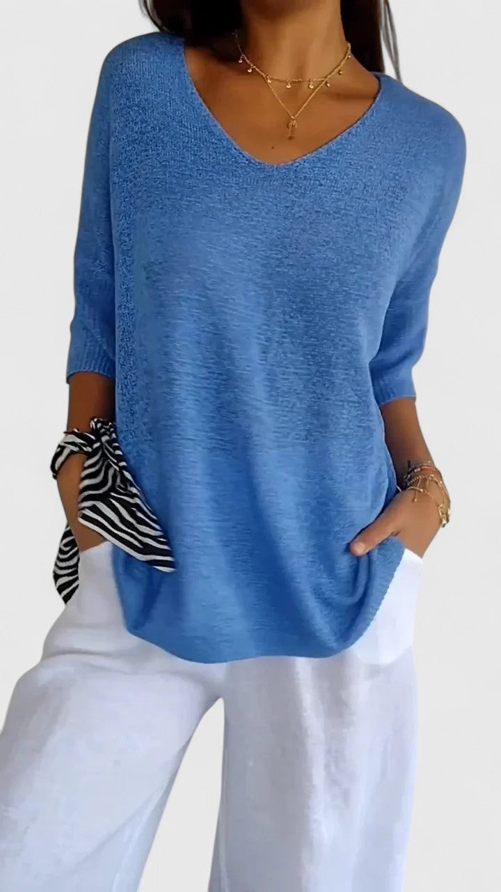 Women's V Neck Three Quarter Dolman Batwing Sleeve Ribbed Cuff Oversized Relaxed Fit Curved Hem Top Solid Plain
