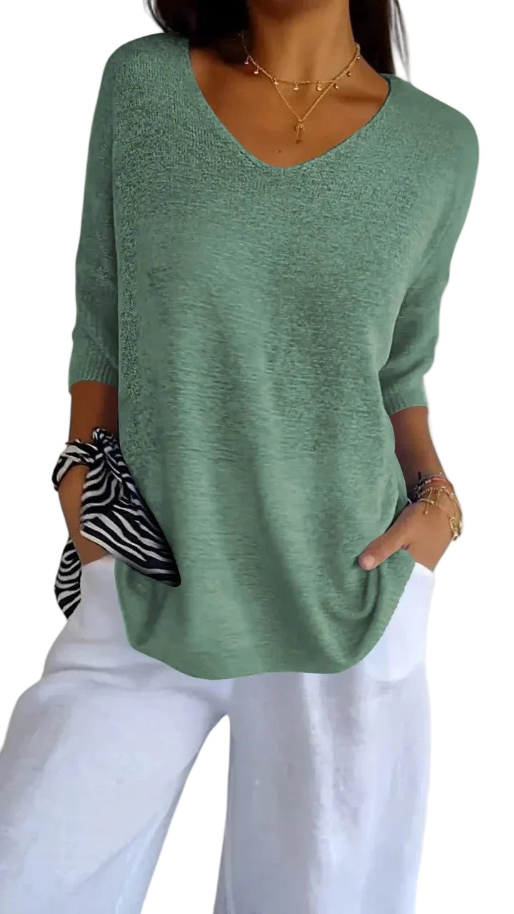 Women's V Neck Three Quarter Dolman Batwing Sleeve Ribbed Cuff Oversized Relaxed Fit Curved Hem Top Solid Plain