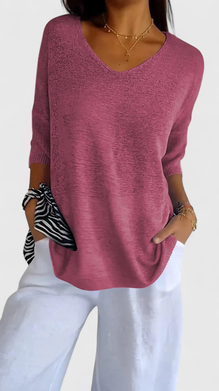 Women's V Neck Three Quarter Dolman Batwing Sleeve Ribbed Cuff Oversized Relaxed Fit Curved Hem Top Solid Plain
