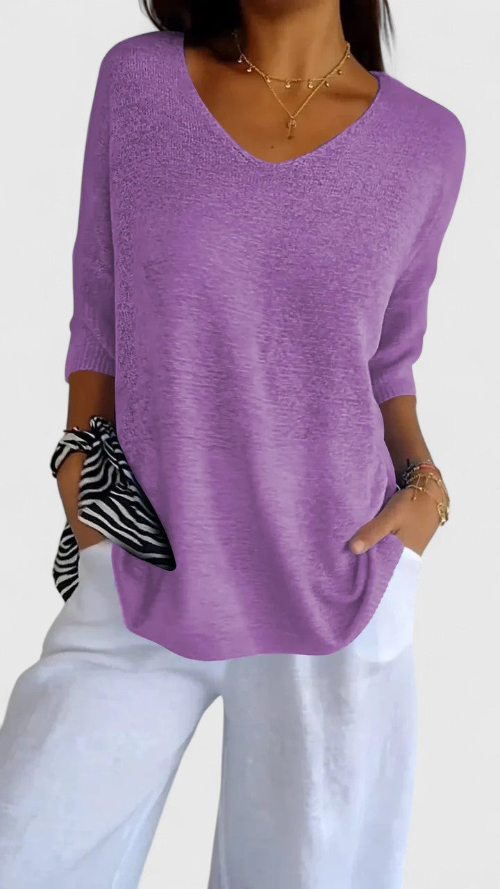 Women's V Neck Three Quarter Dolman Batwing Sleeve Ribbed Cuff Oversized Relaxed Fit Curved Hem Top Solid Plain