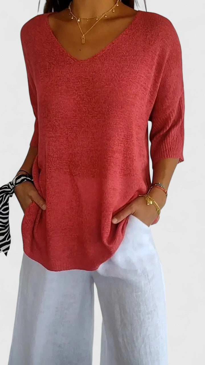 Women's V Neck Three Quarter Dolman Batwing Sleeve Ribbed Cuff Oversized Relaxed Fit Curved Hem Top Solid Plain
