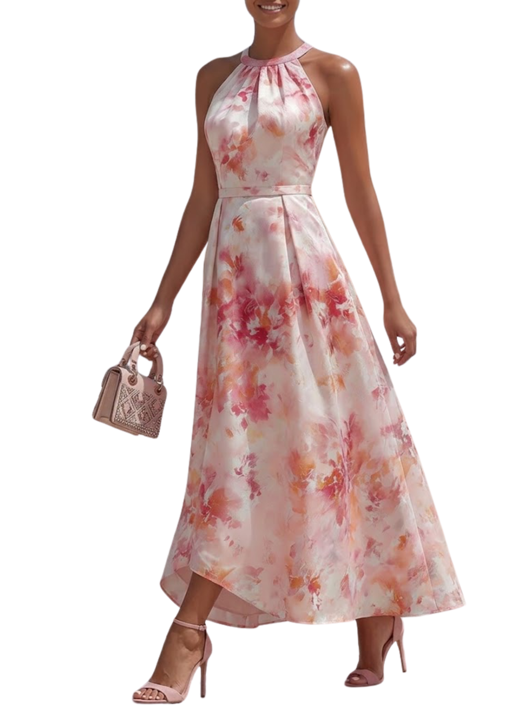 Women's Watercolour Painterly Floral Print Halter Neck Ruched Bust Self-Tie Waist Sash Pleated A-Line Midi Dress