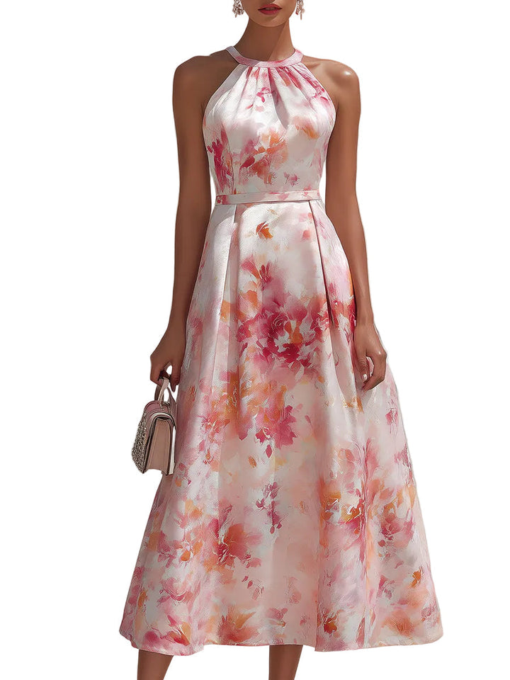 Women's Watercolour Painterly Floral Print Halter Neck Ruched Bust Self-Tie Waist Sash Pleated A-Line Midi Dress