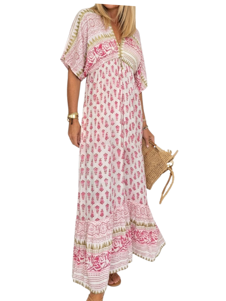 Women's Woven All-Over Block Print Short Flutter Sleeve V-Neck Tassel Tie Relaxed Fit Border Hem Maxi Dress