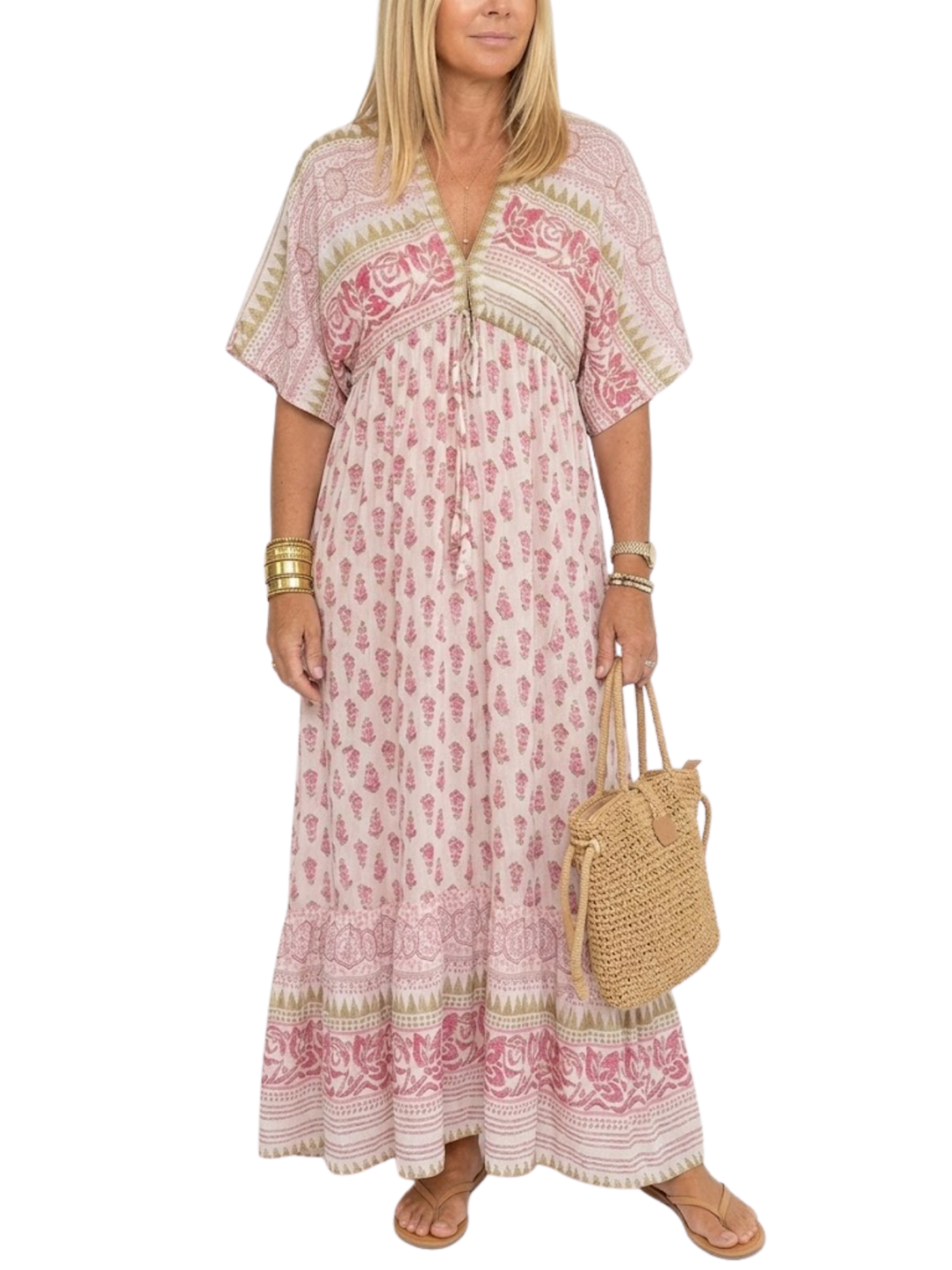 Women's Woven All-Over Block Print Short Flutter Sleeve V-Neck Tassel Tie Relaxed Fit Border Hem Maxi Dress