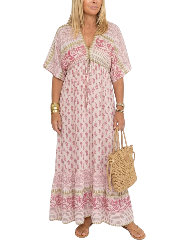 Women's Woven All-Over Block Print Short Flutter Sleeve V-Neck Tassel Tie Relaxed Fit Border Hem Maxi Dress