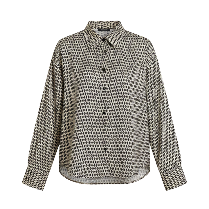 Women's Woven All Over Geometric Diamond Print Point Collar Long Sleeve Full Button Front Loose Fit Shirt