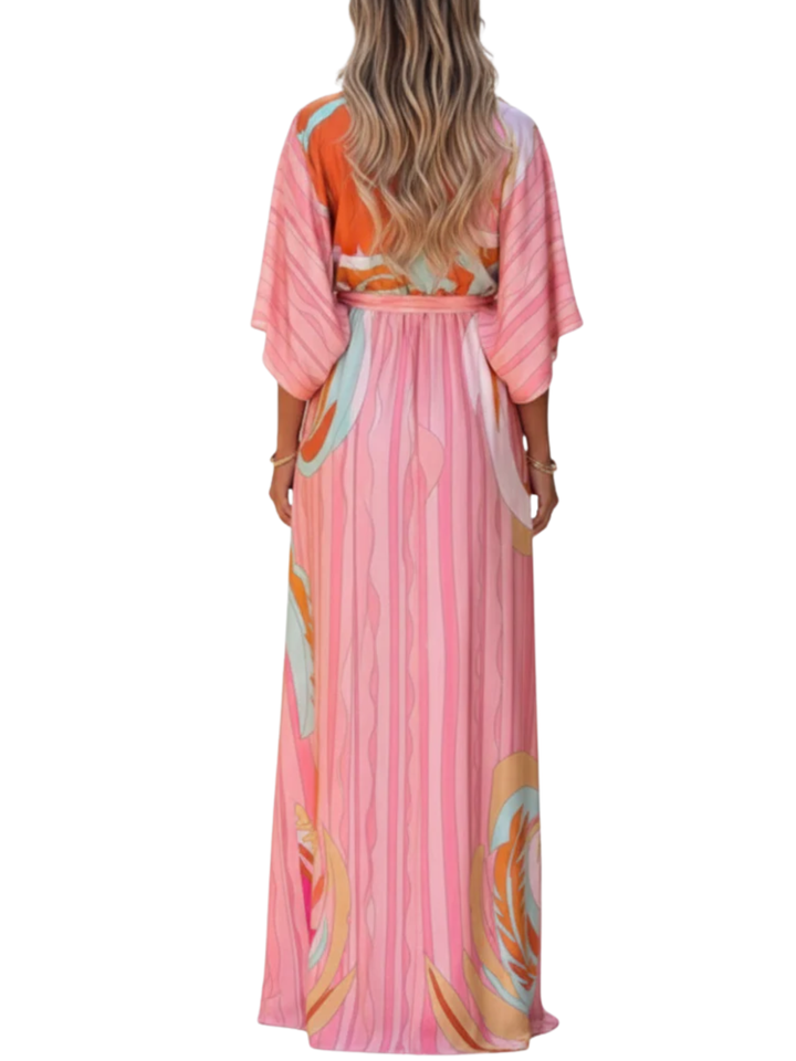 Women's Woven Bold Abstract Print Deep V-Neck Kimono Sleeve Drawstring Belted Waist Button Front Split Maxi Dress