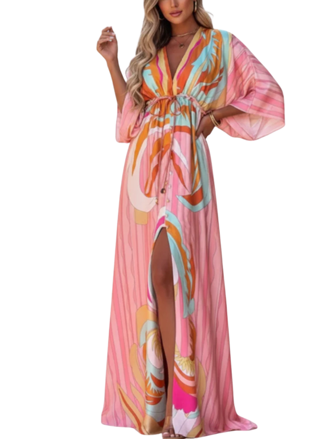 Women's Woven Bold Abstract Print Deep V-Neck Kimono Sleeve Drawstring Belted Waist Button Front Split Maxi Dress