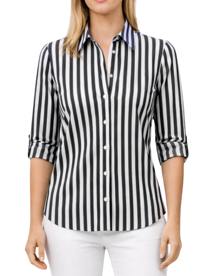 Women's Woven Bold Vertical Stripe Point Collar Three Quarter Roll Tab Sleeve Full Button Front Fitted Shirt