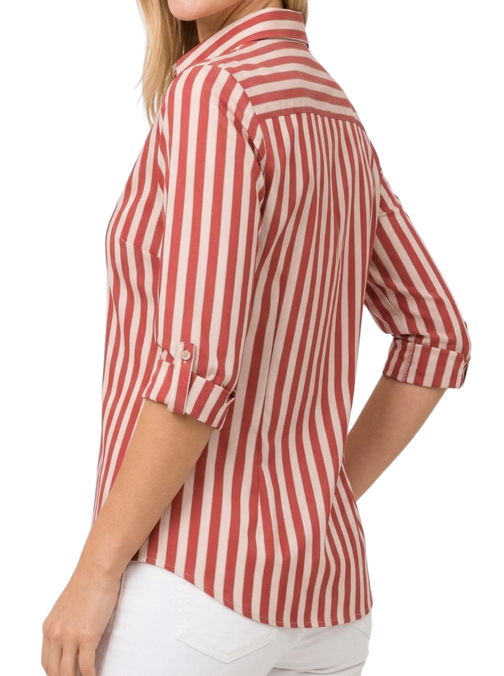 Women's Woven Bold Vertical Stripe Point Collar Three Quarter Roll Tab Sleeve Full Button Front Fitted Shirt