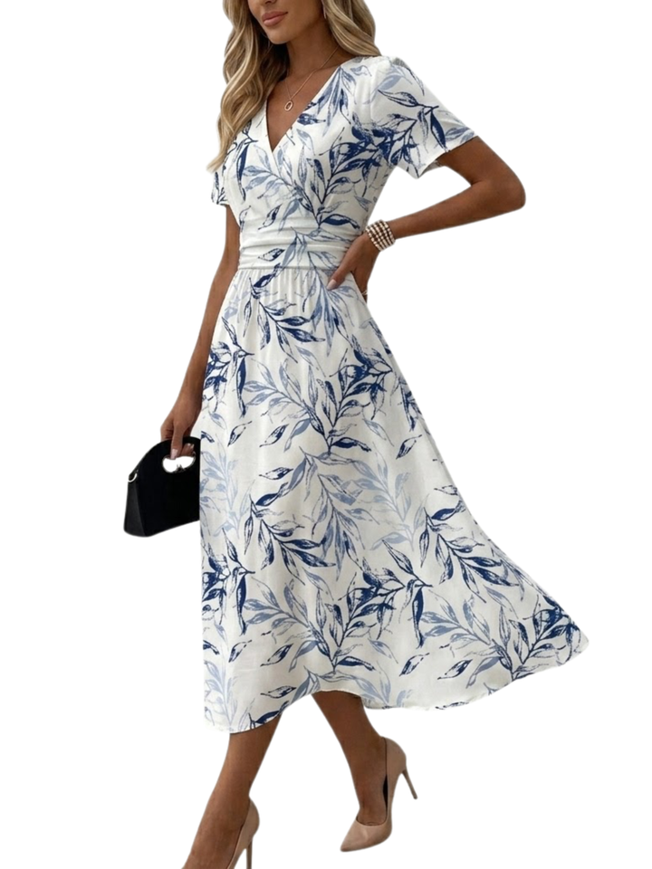 Women's Woven Botanical Leaf Print Short Flutter Sleeve Wrap V-Neck Elasticated Waist A-Line Midi Dress