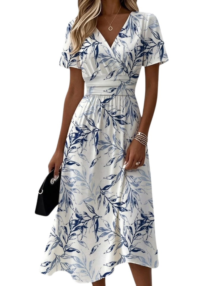 Women's Woven Botanical Leaf Print Short Flutter Sleeve Wrap V-Neck Elasticated Waist A-Line Midi Dress
