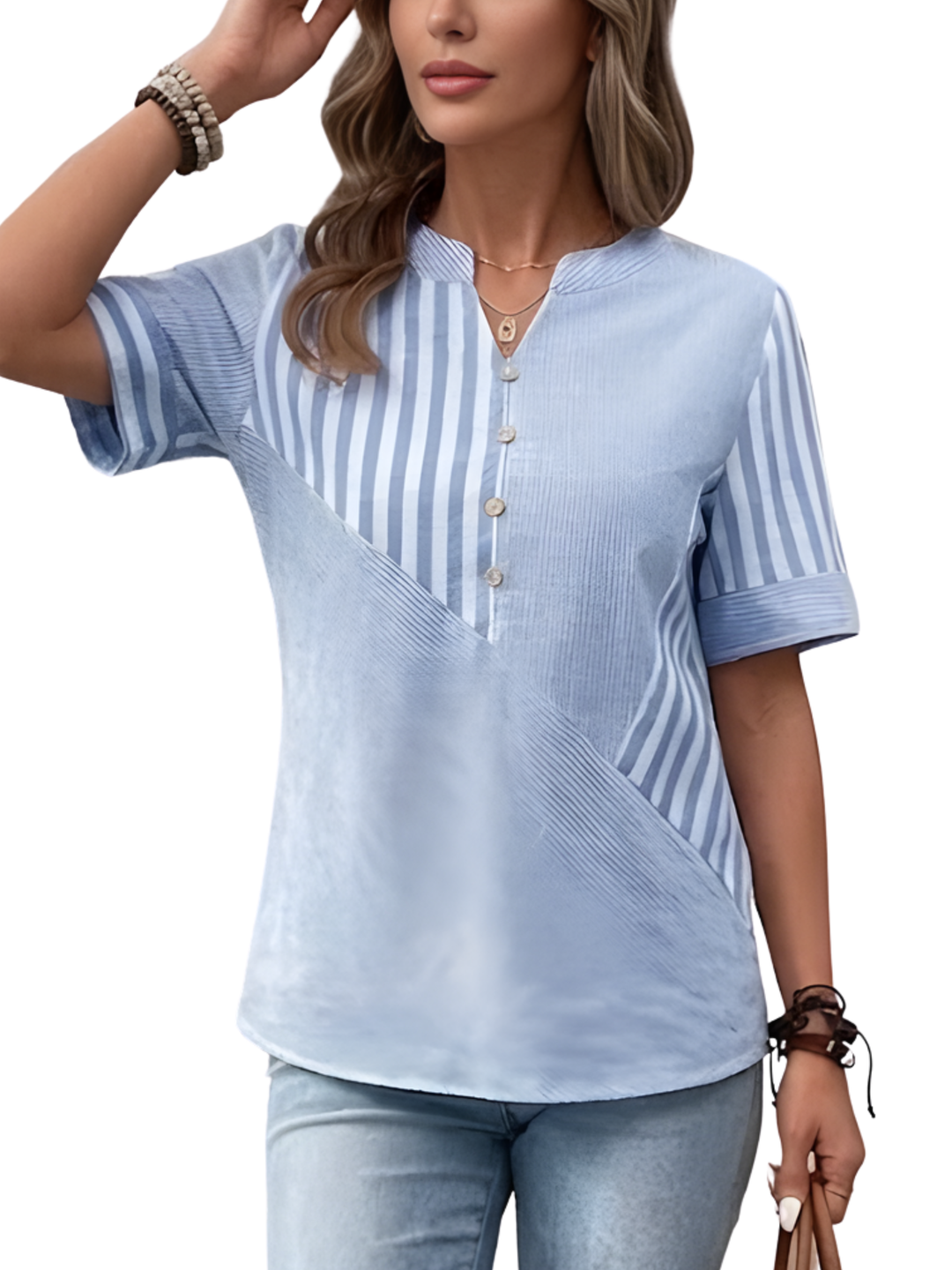 Women's Woven Mixed Direction Stripe Panel Short Sleeve Notch Neck Half Button Placket Curved Hem Relaxed Blouse